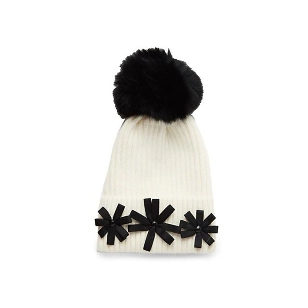 New - GLAMOURPUSS NYC Arctic Fox Fur Knit Beanie Hat White Black